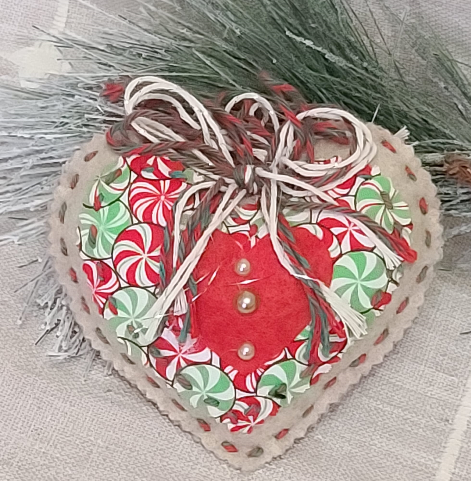 Gingerbread and candy pattern fabric heart ornament - Click Image to Close