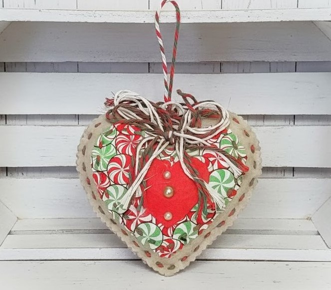 Gingerbread and candy pattern fabric heart ornament