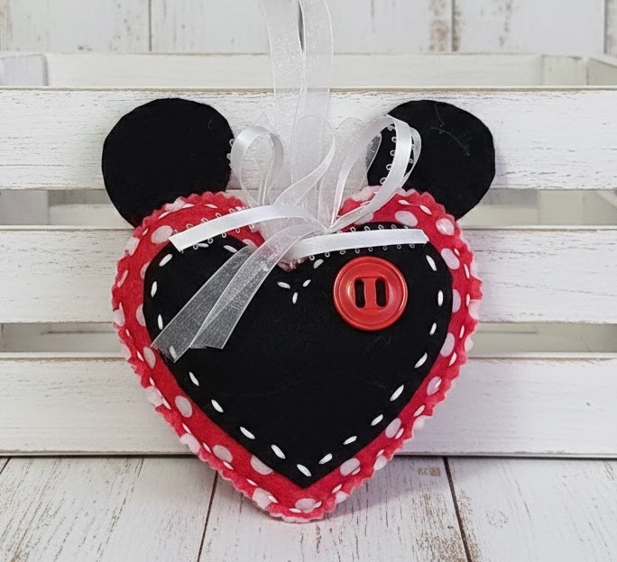 Mouse Ears and Polka Dots felt heart Micky ornament