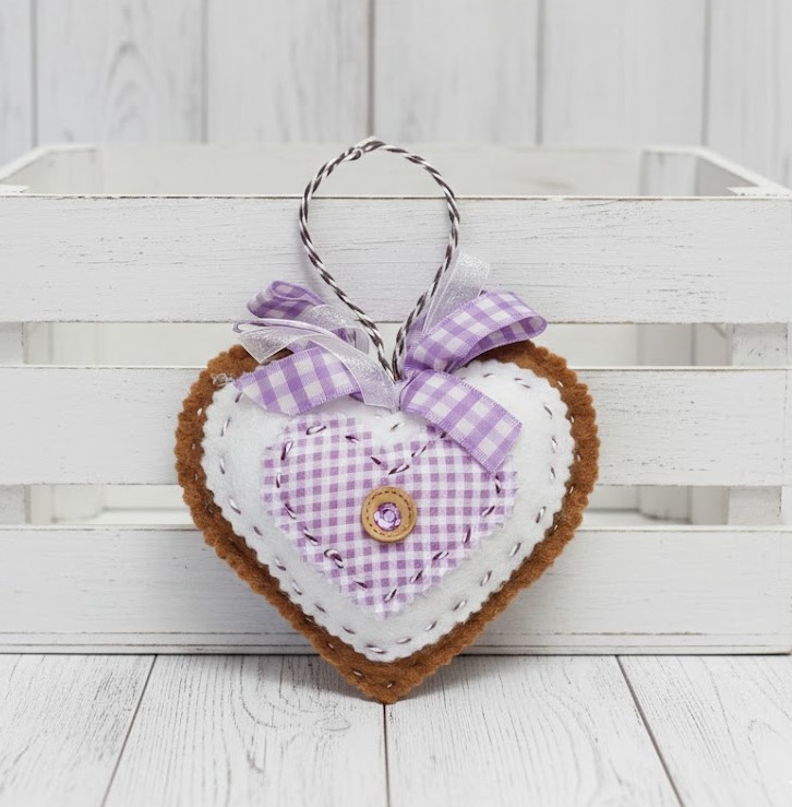 Felt heart ornament with gingham fabric - PURPLE
