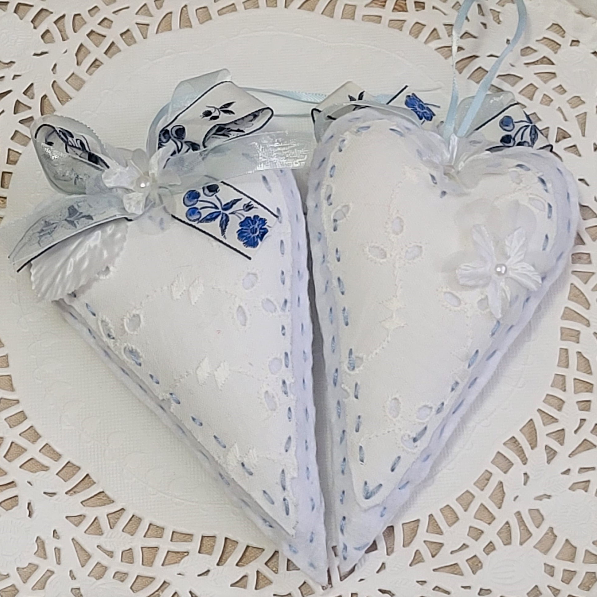Pale Blue felt and eyelet lace heart ornaments set of 2