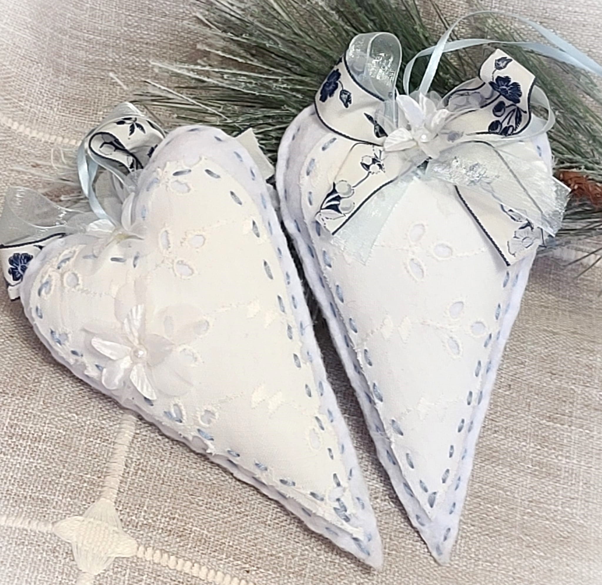Pale Blue felt and eyelet lace heart ornaments set of 2 - Click Image to Close