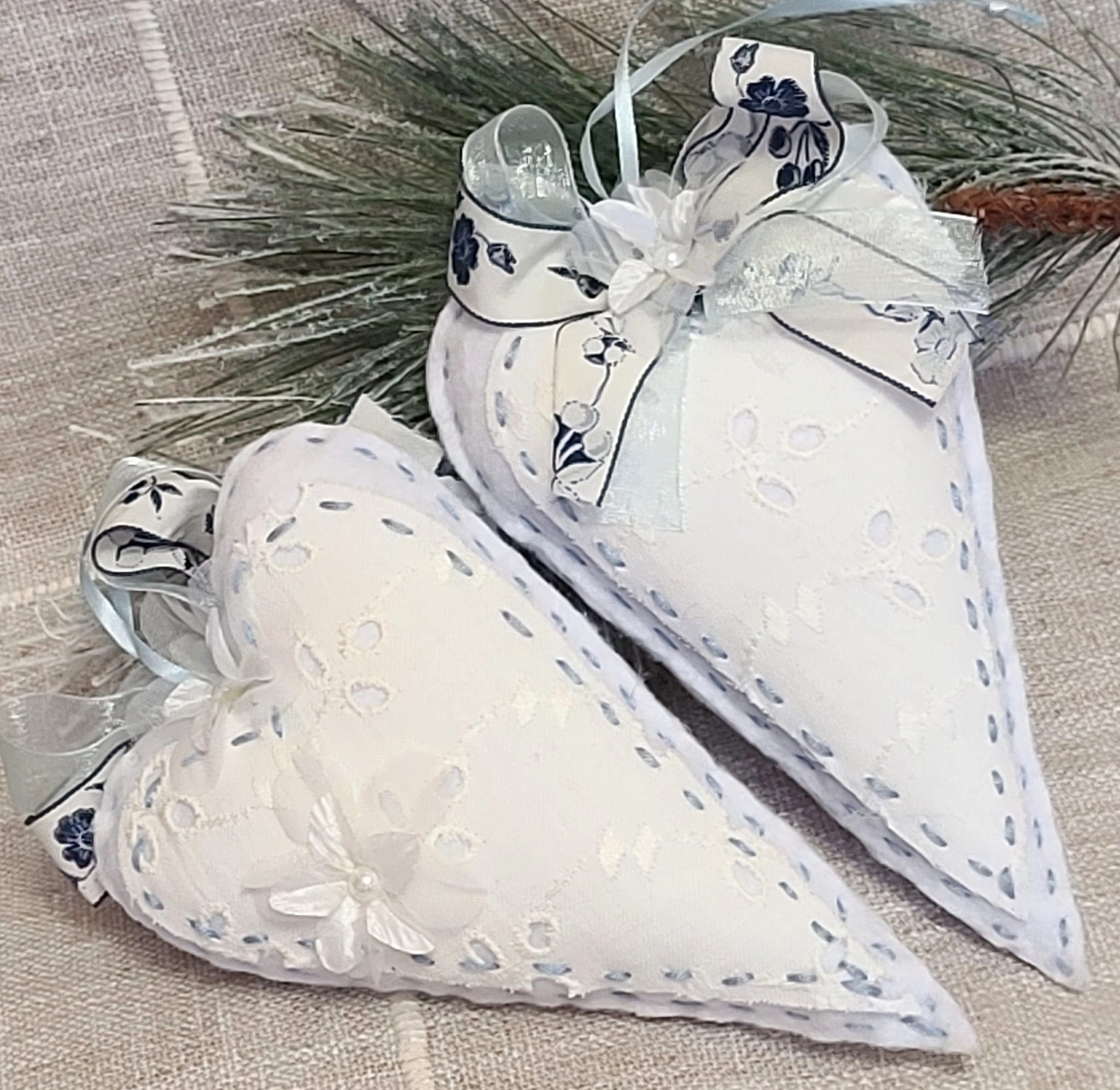 Pale Blue felt and eyelet lace heart ornaments set of 2