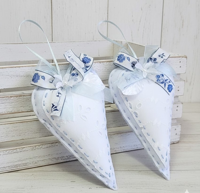 Pale Blue felt and eyelet lace heart ornaments set of 2