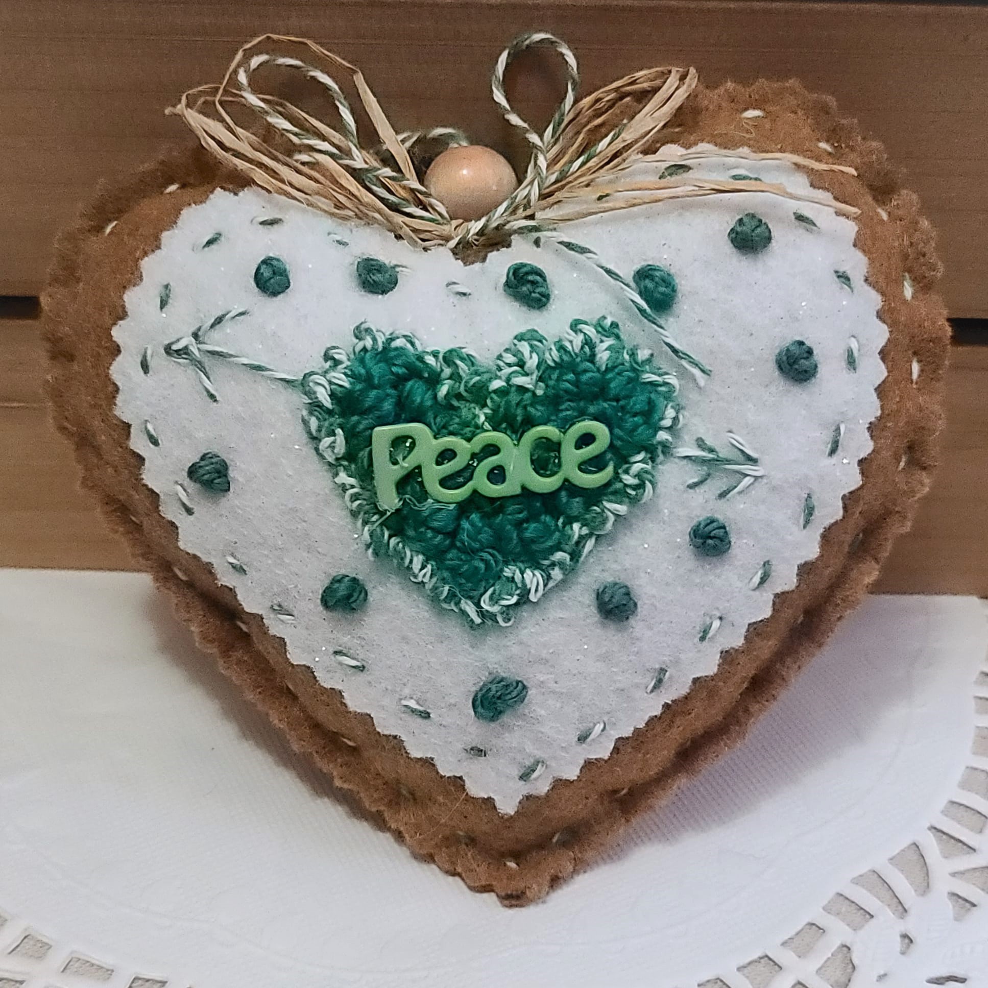 Gingerbread felt and embroiddery PEACE heart ornament - GREEN