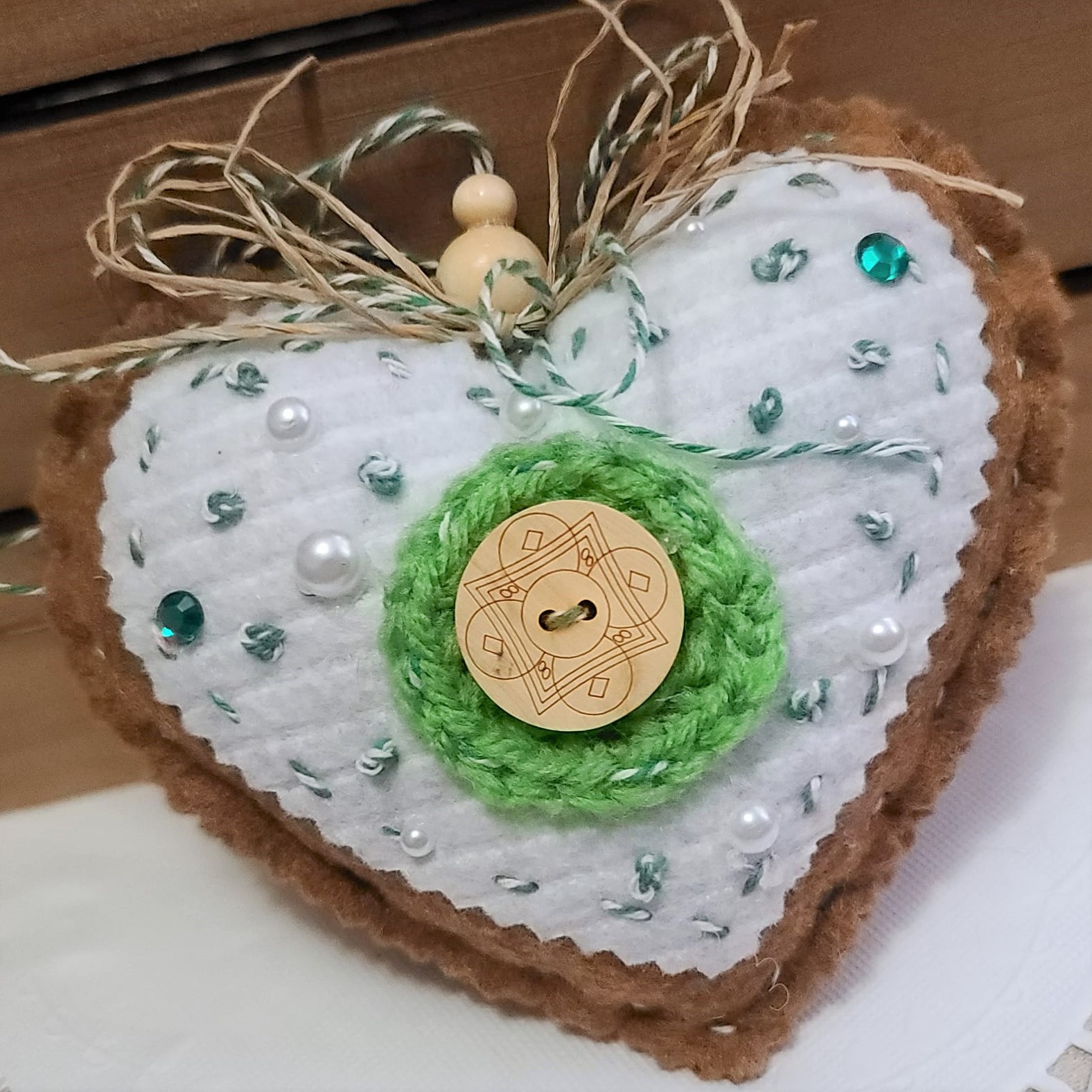 Gingerbread and icing felt with green accents celtic heart ornam