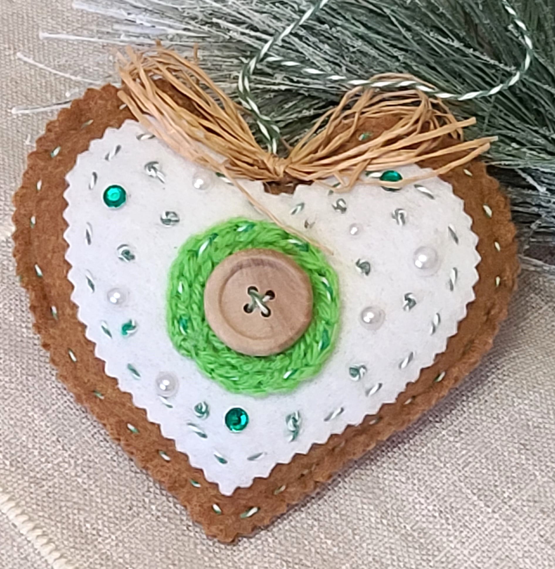 Gingerbread and icing felt green accents heart ornament - Click Image to Close