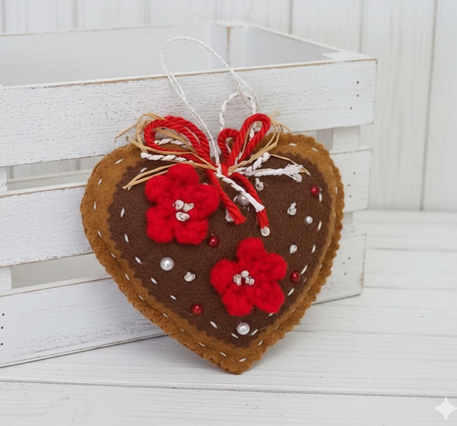 Gingerbread and chocolate icing with red accents heart ornament