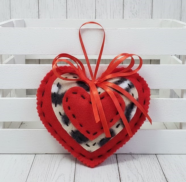 Red heart with animal print trim felt ornament