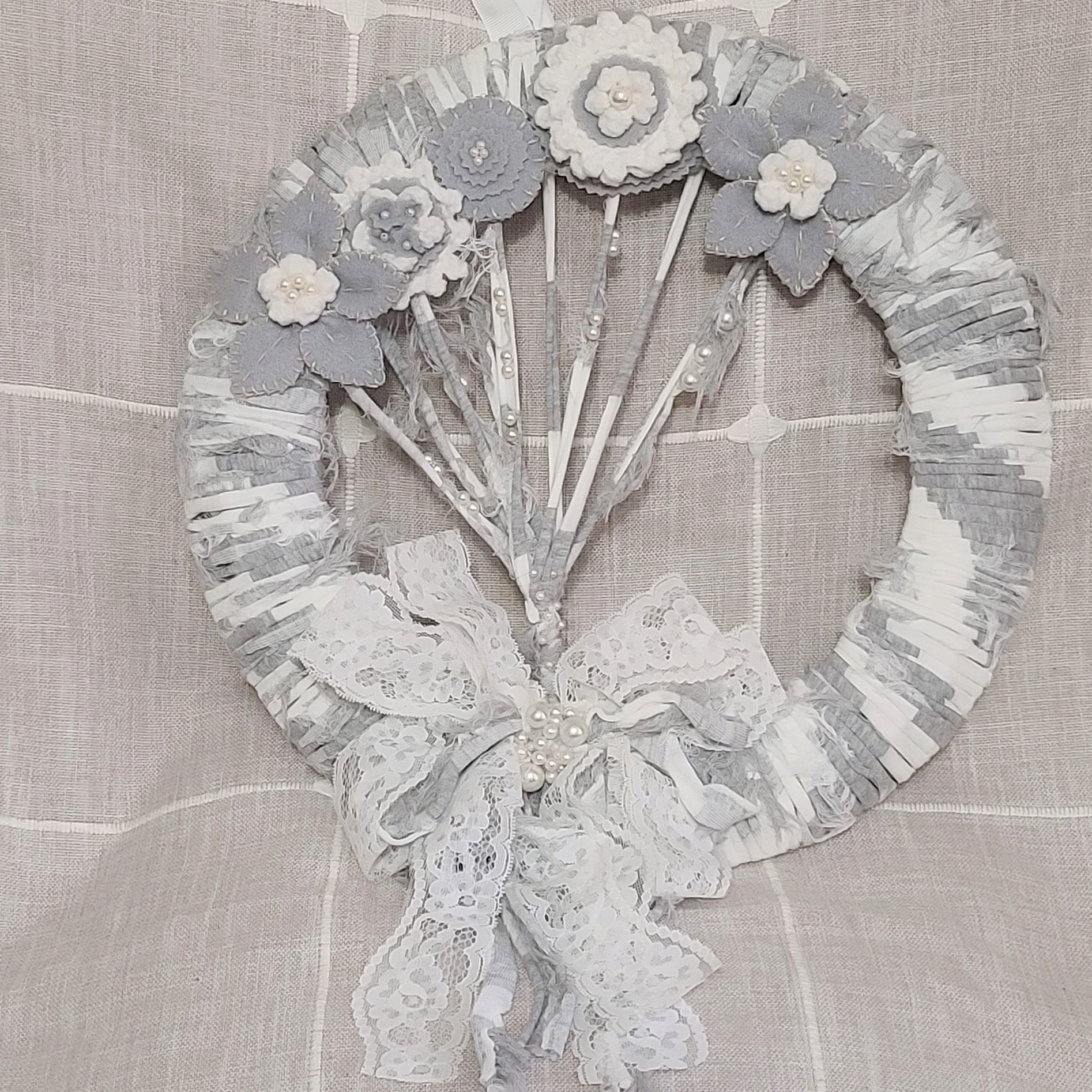Shabby chic Tree of ife handmade wreath with felt mixed textiles