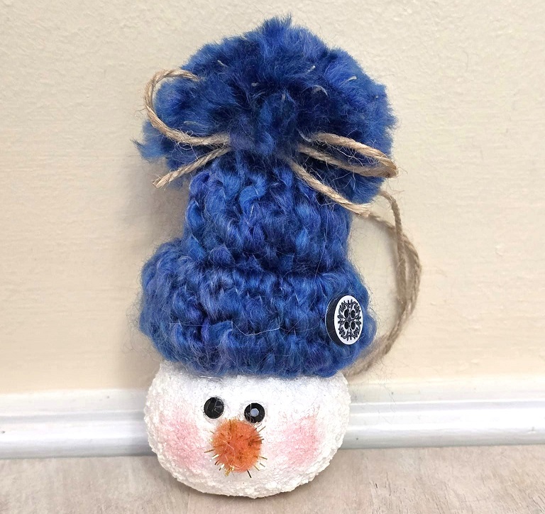 Handpainted gourd snowman ornament with knit hat - blue