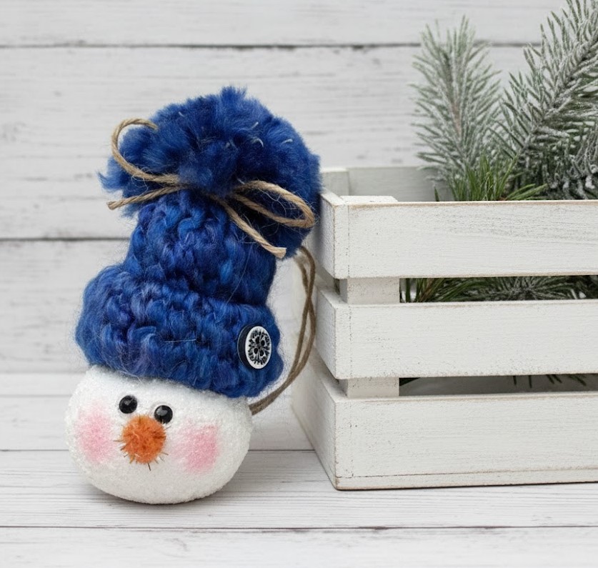 Handpainted gourd snowman ornament with knit hat - blue