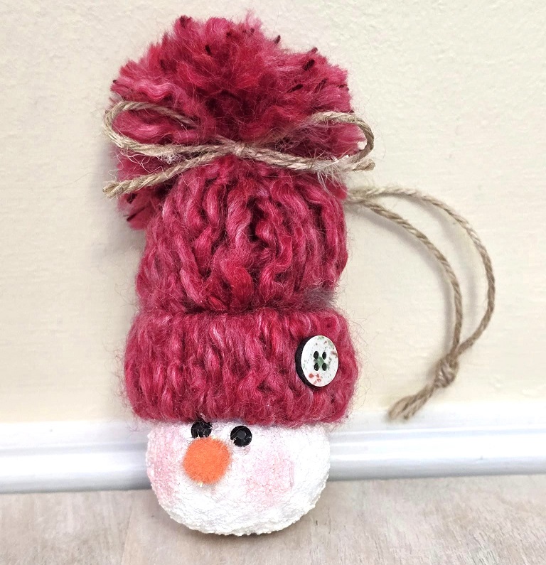 Handpainted gourd snowman ornament with knit hat - rose color