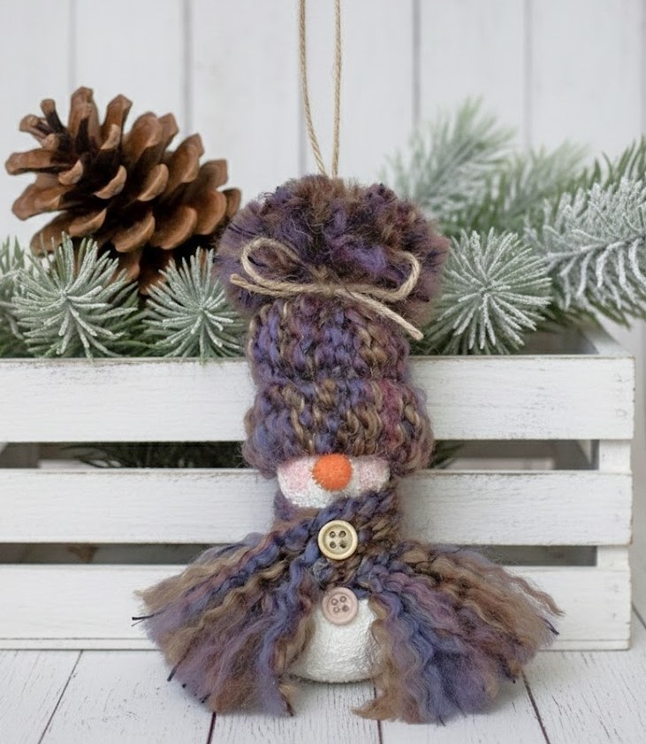 Handpainted gourd snowman ornament with knit hat - multi brown