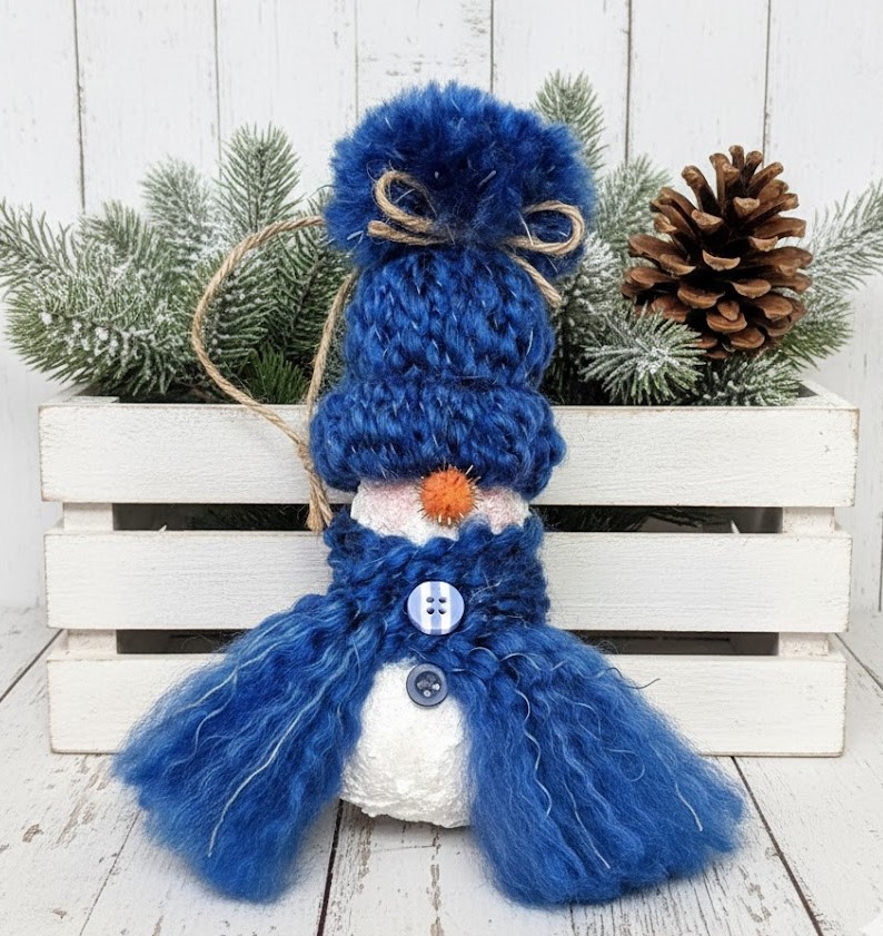 Handpainted gourd snowman ornament with knit hat - multi blue