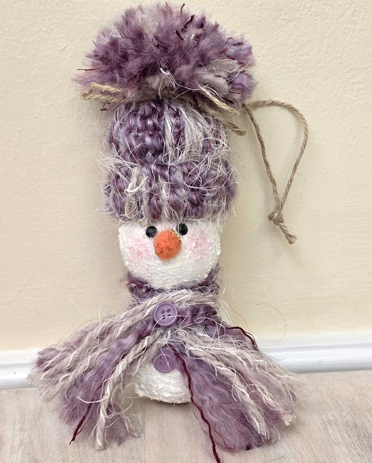 Handpainted gourd snowman ornament with knit hat - purple/white