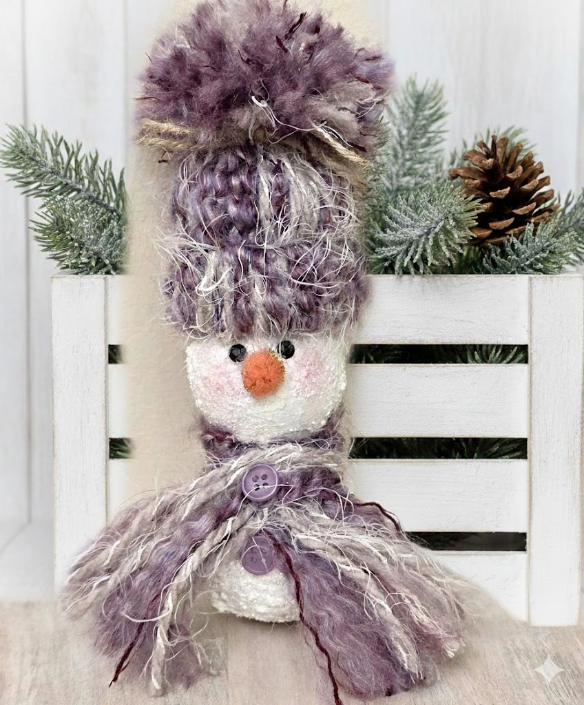Handpainted gourd snowman ornament with knit hat - purple/white