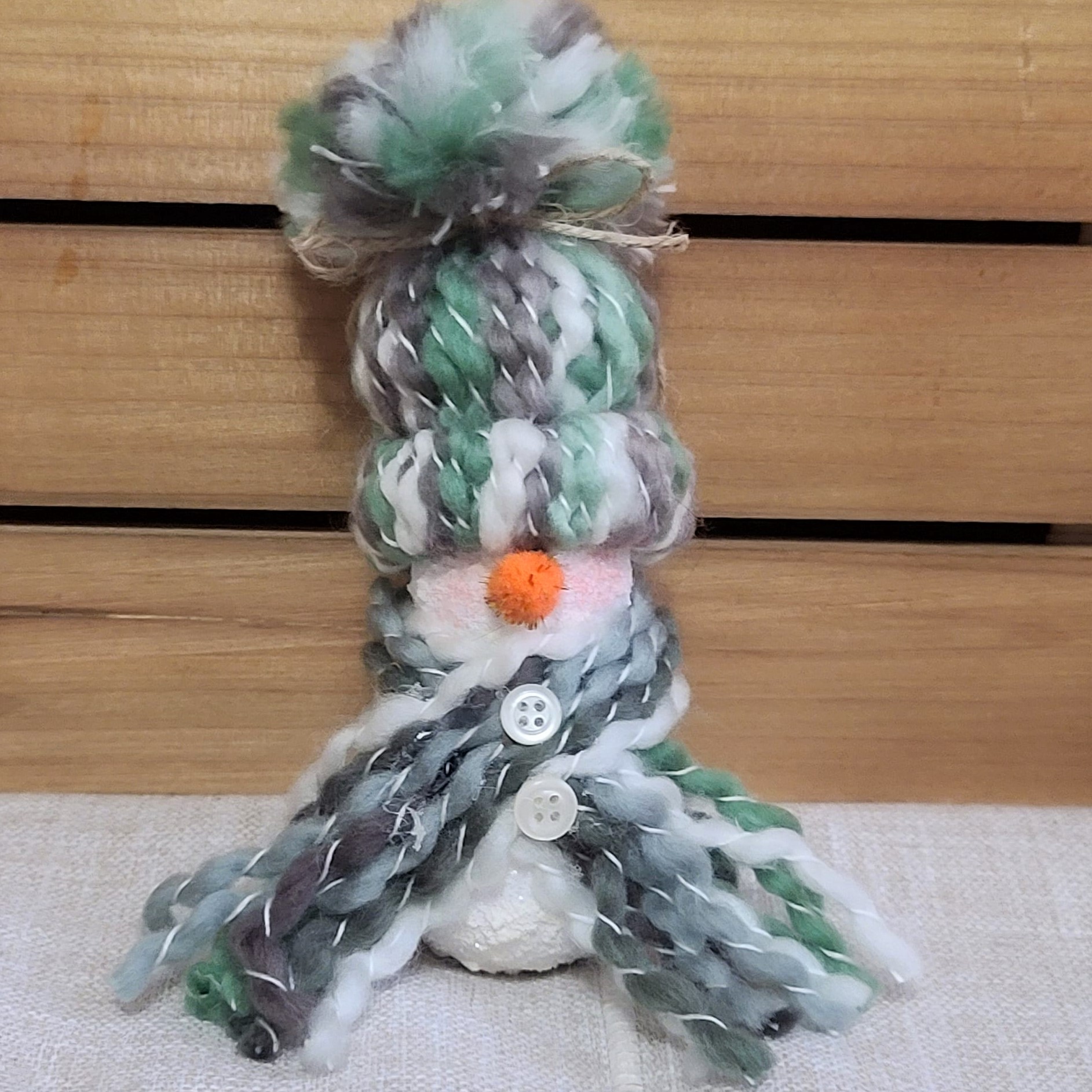 Handpainted gourd snowman ornament with knit hat - green multi