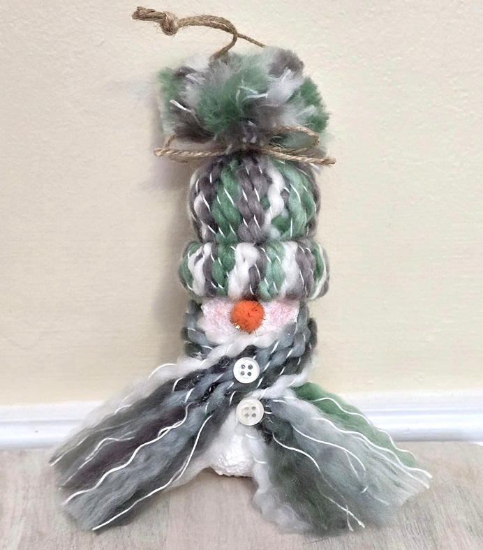 Handpainted gourd snowman ornament with knit hat - green multi - Click Image to Close