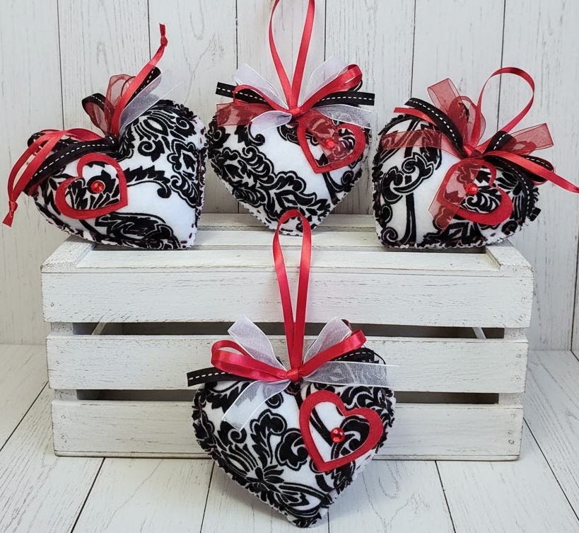 Black and White Velvet Damask Heart Ornaments