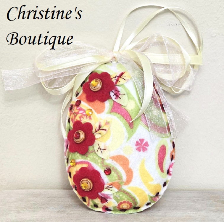 Easter egg felt ornament - spring floral yellow orange - Click Image to Close