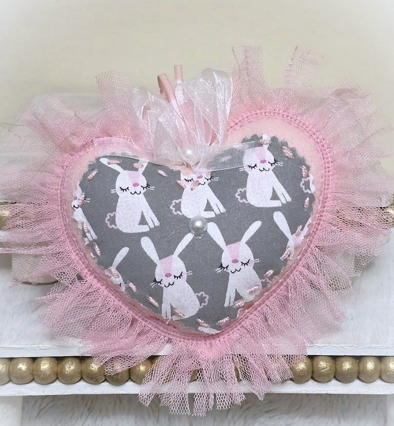 Easter bunny fabric and felt large heart ornament with tulle