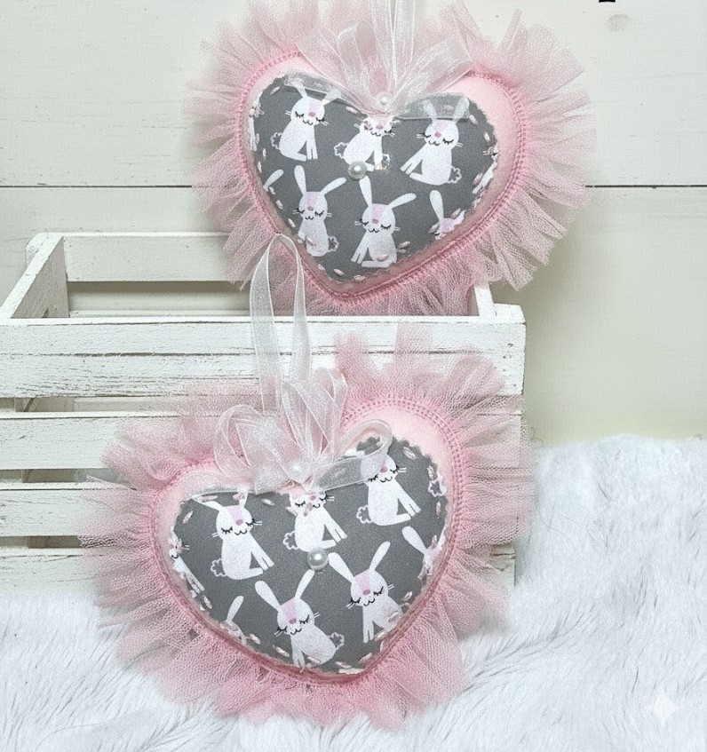 Easter bunny fabric and felt large heart ornament with tulle