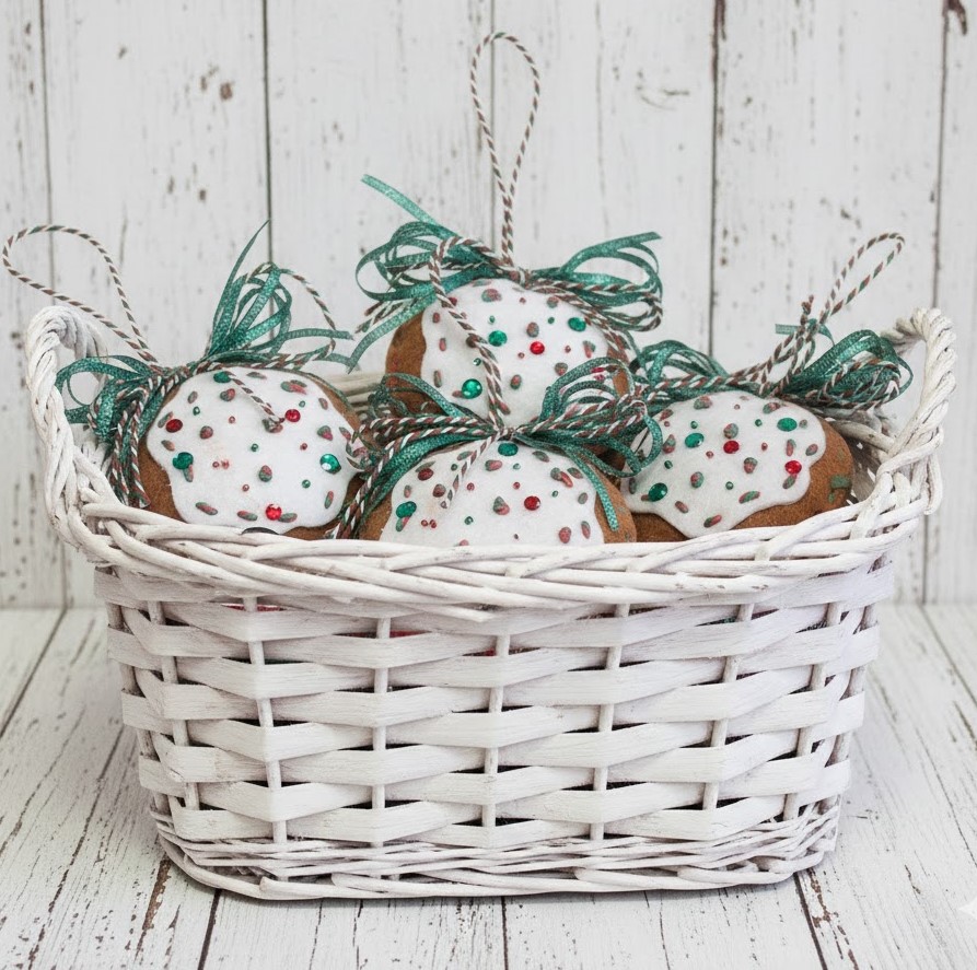 Gingerbread felt and white icing cookie ornament green bows