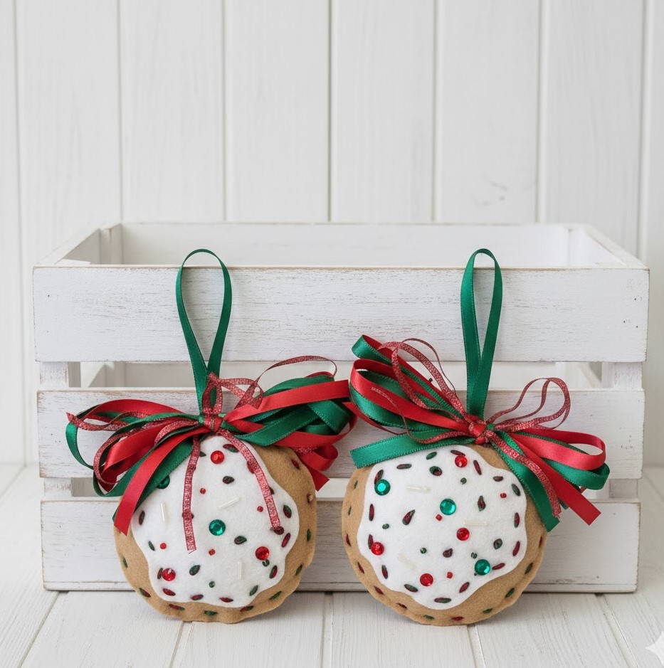 Gingerbread felt and white icing cookie ornament red green bows Gingerbread felt and white icing cookie ornament red green bows