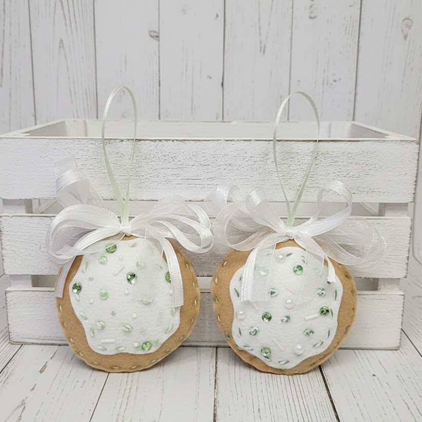 Gingerbread felt and white icing cookie ornament green sprinkles