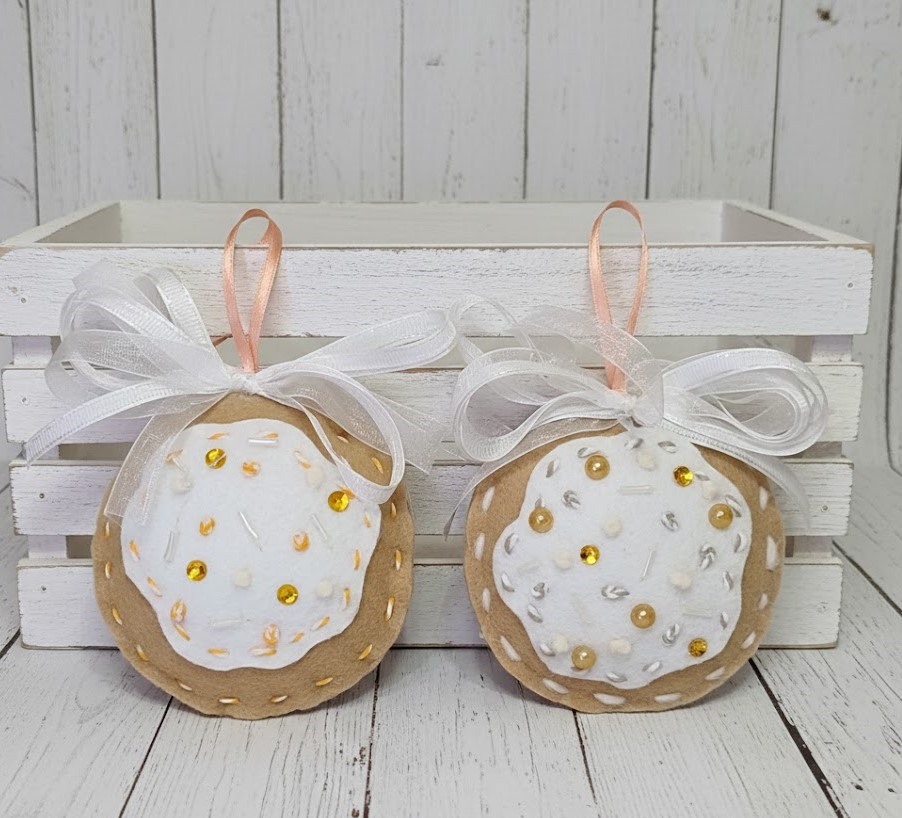 Gingerbread felt and white icing cookie ornament yellow sprinkle