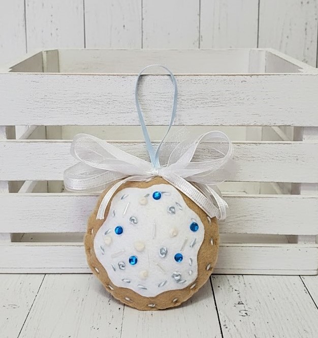 Gingerbread felt and white icing cookie ornament blue sprinkles