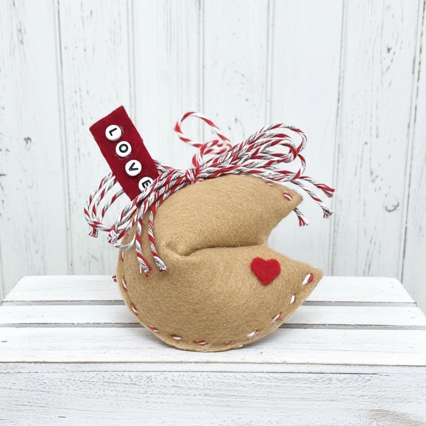 Fortune cookie ornament, handcrafted felt fortune cookie, love message
