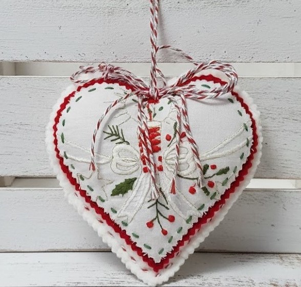 Vintage embroidery and felt heart shaped ornament - white