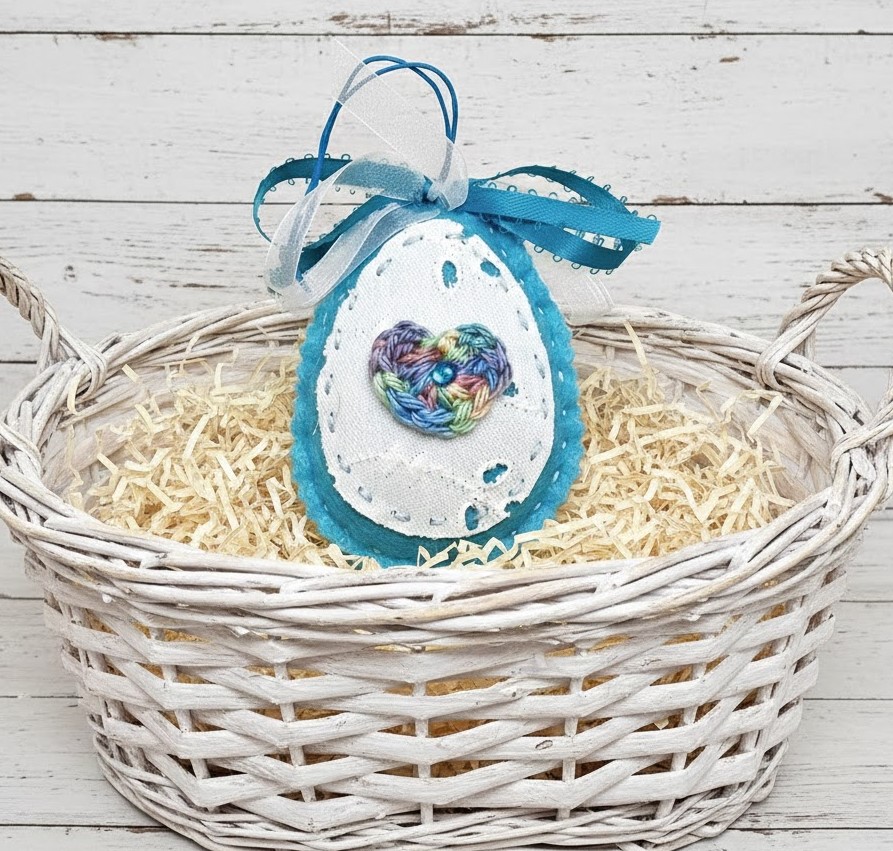 Easter egg felt ornament - turquoise and lace