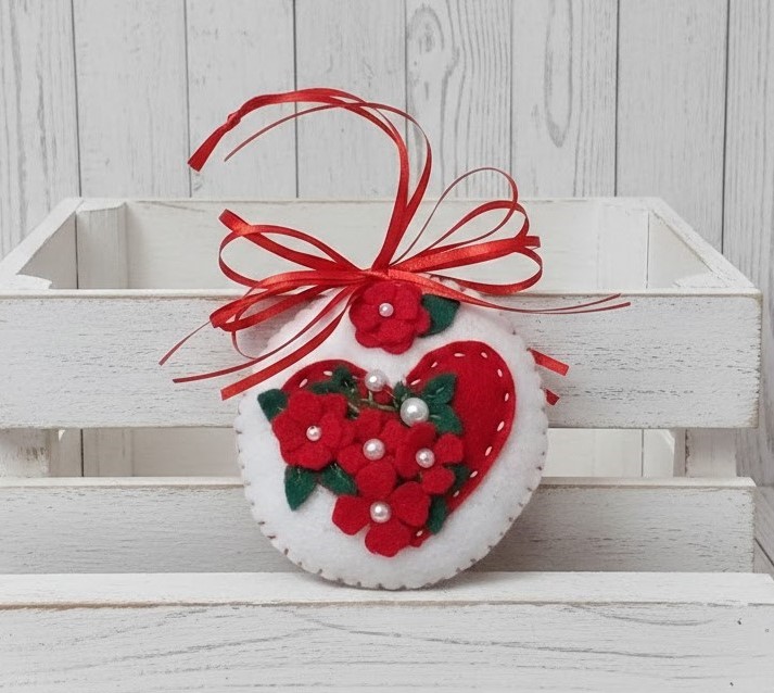 Felt embroidery heart round ornament with red flowers and pearls