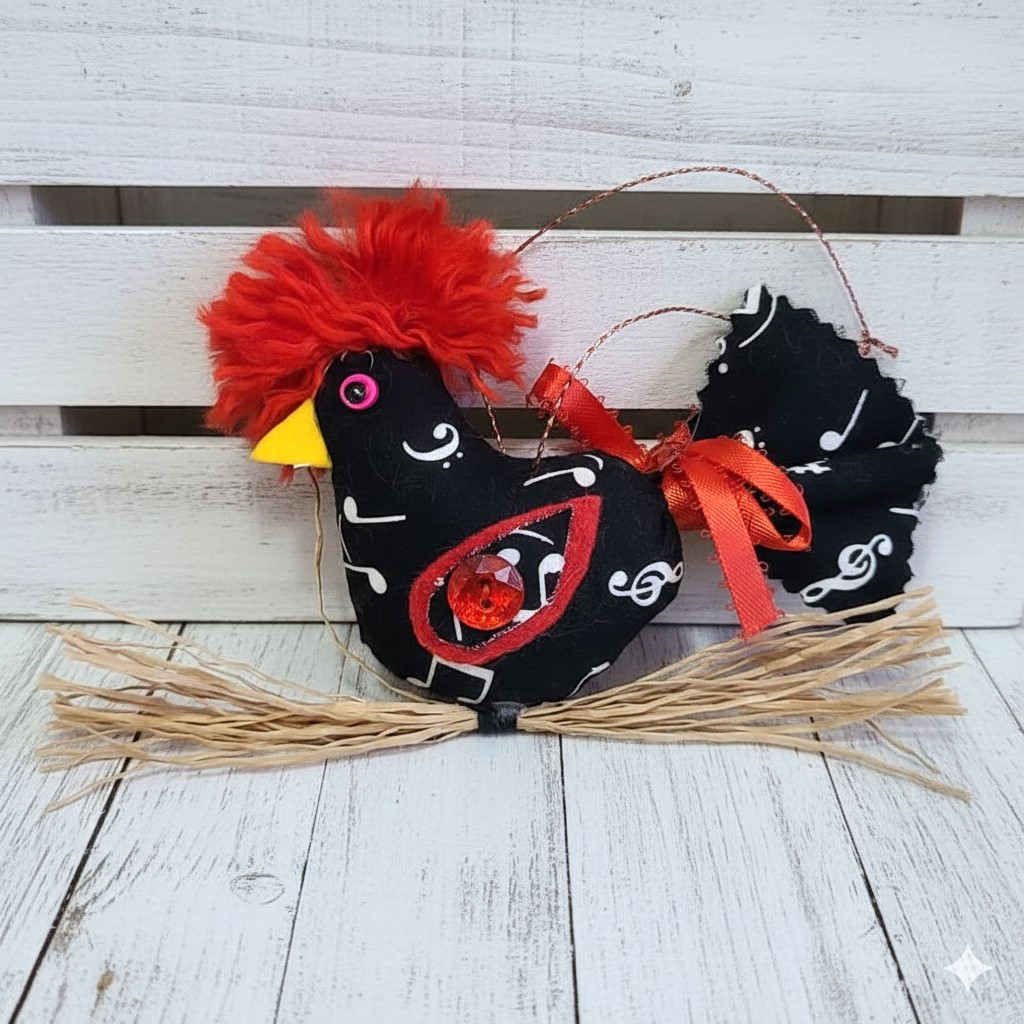 Whimsical bird on straw branch ornament -black and red