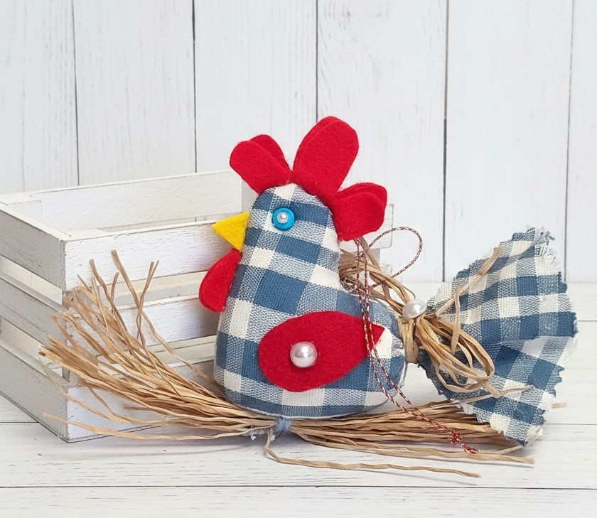 Country gingham rooster ornament on straw branch -blue and red