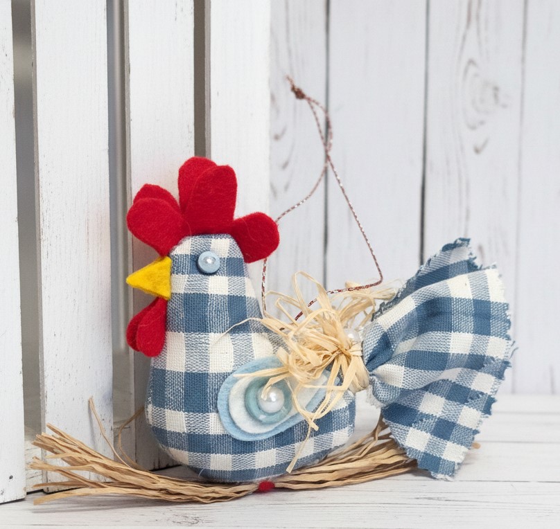 Country gingham rooster ornament on straw branch -blue and white