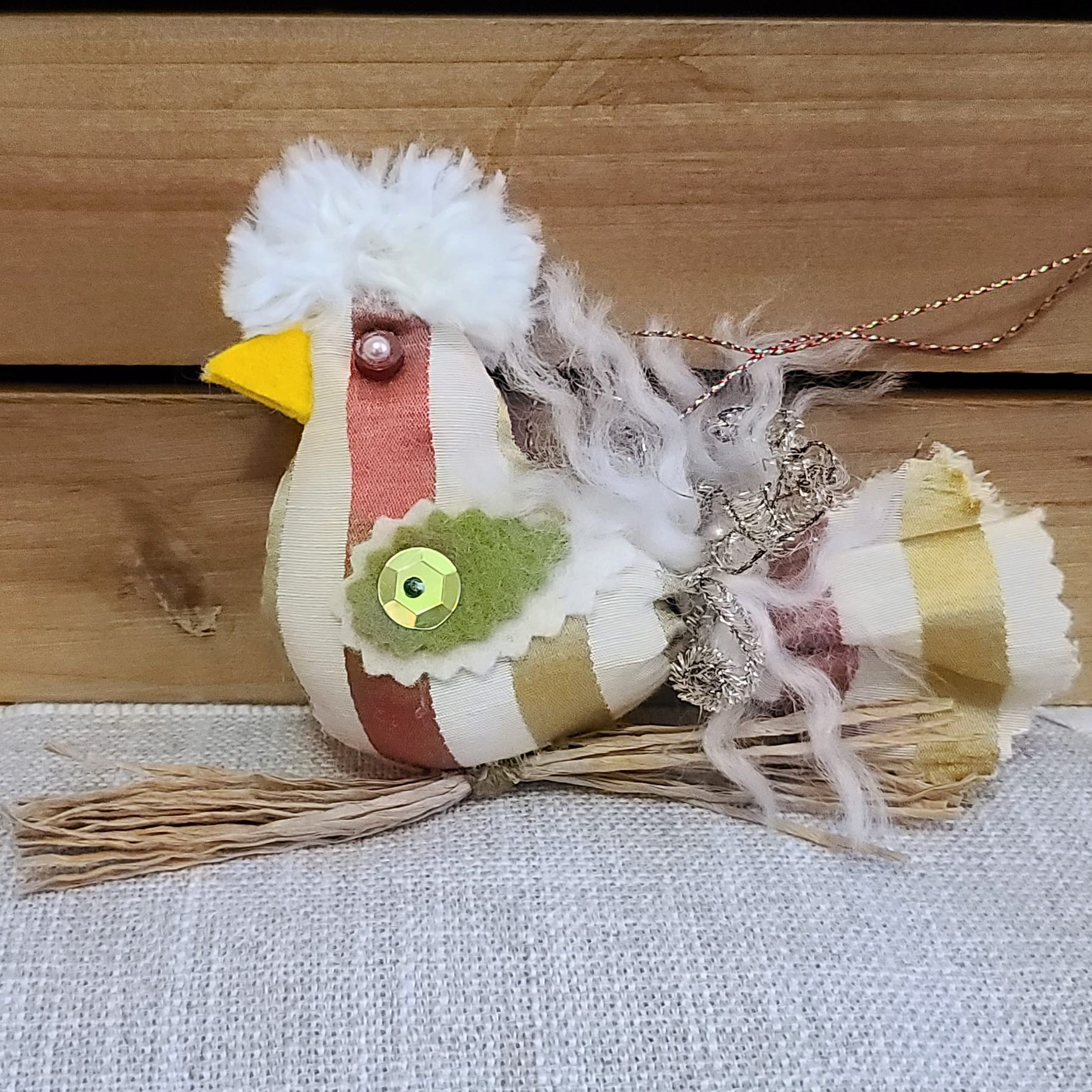 Shabby chic stripe print bird on straw perch - red green white - Click Image to Close