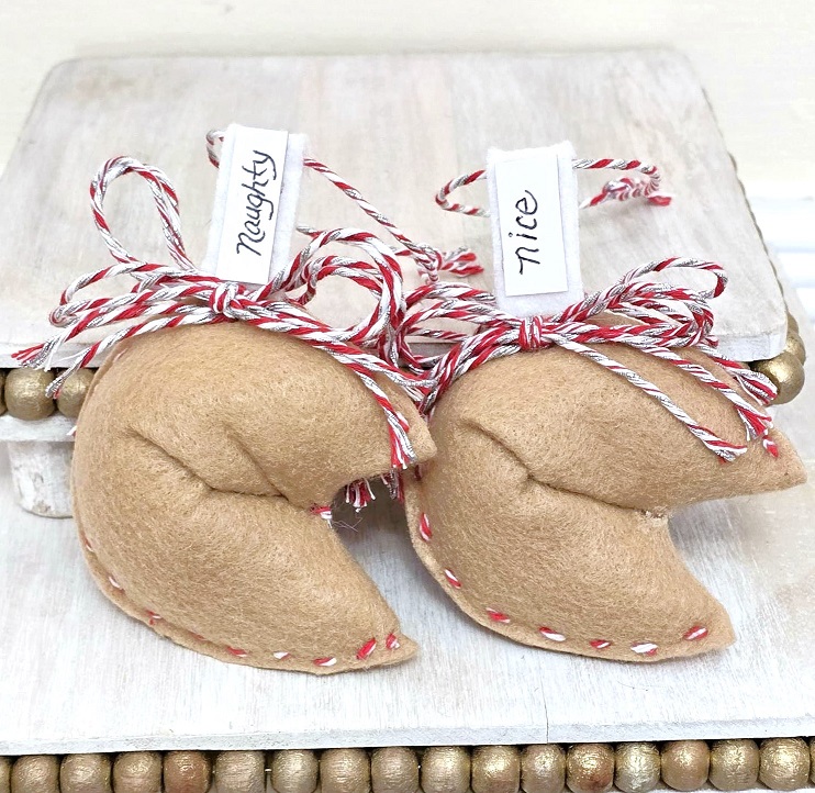 Fortune cookie felt ornaments set of 2 Naughty and Nice tags
