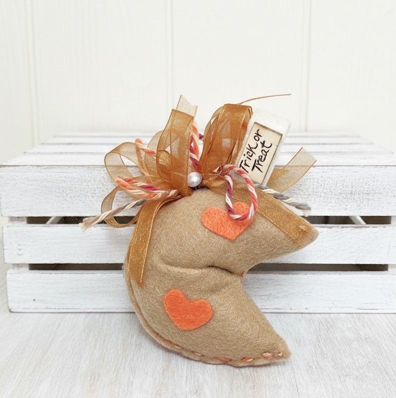 Fortune cookie ornament, handcrafted ornament, felt ornament Halloween trick or treat message tag Fortune cookie ornament, handcrafted ornament, felt ornament Halloween trick or treat message tag