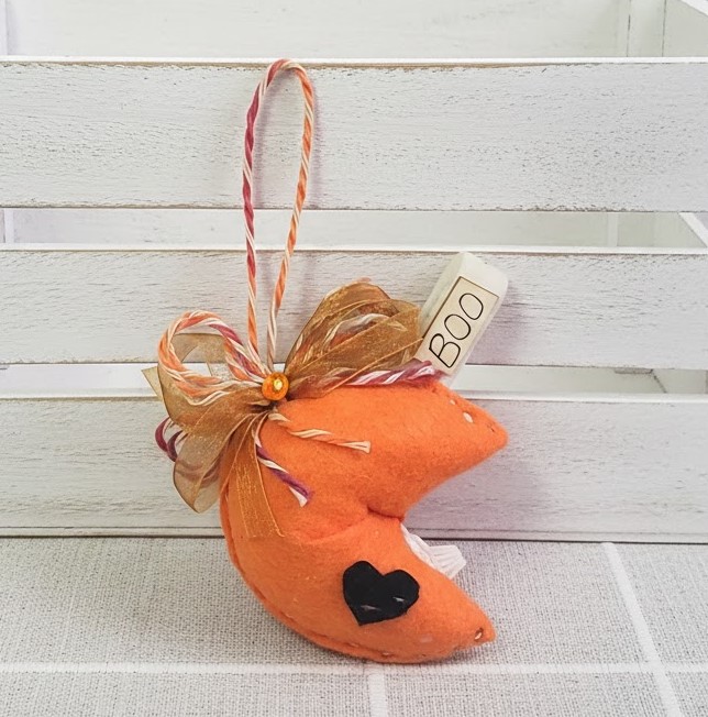 Fortune cookie felt ornament Halloween BOO tag
