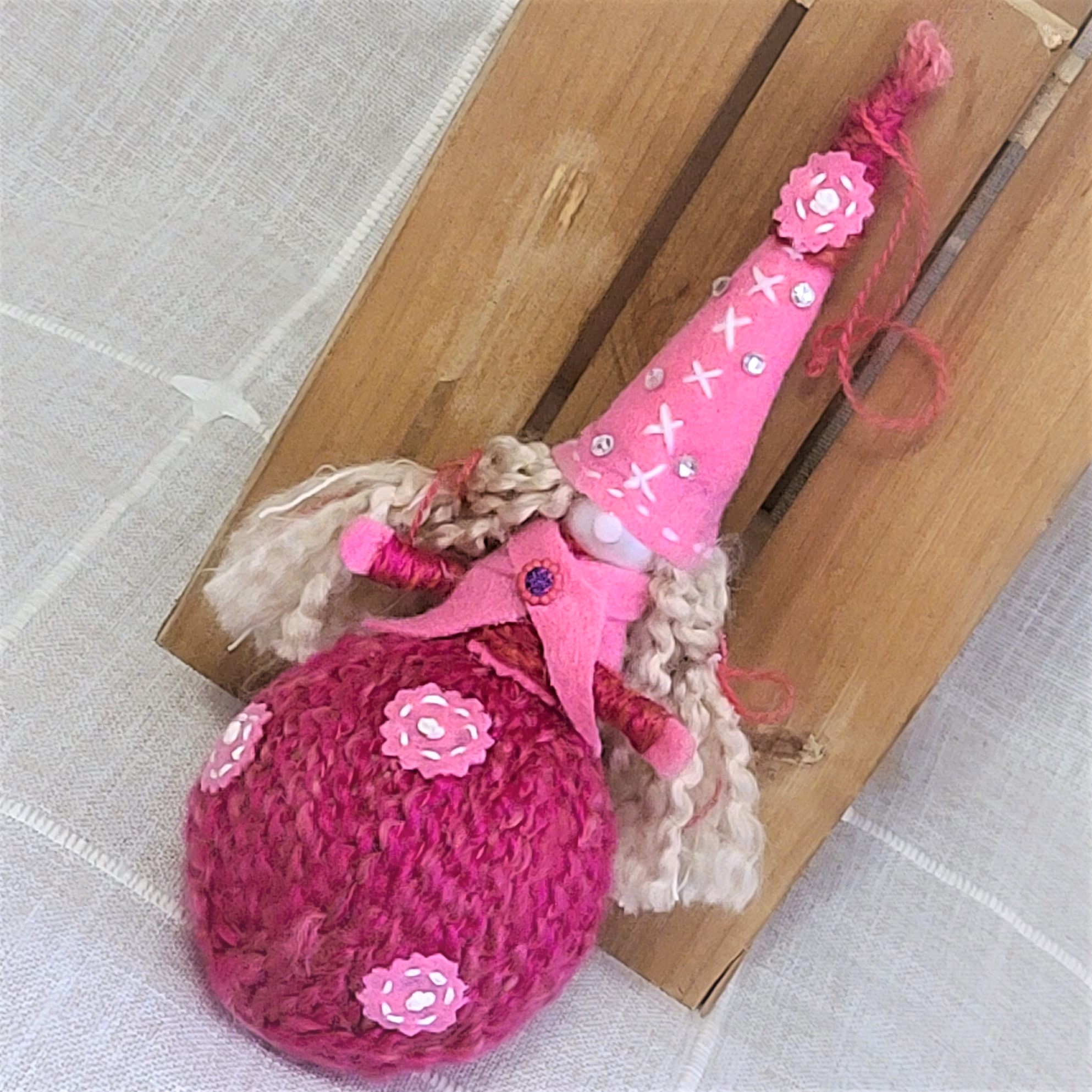 Pink Gnome fel and yarn ball ornament