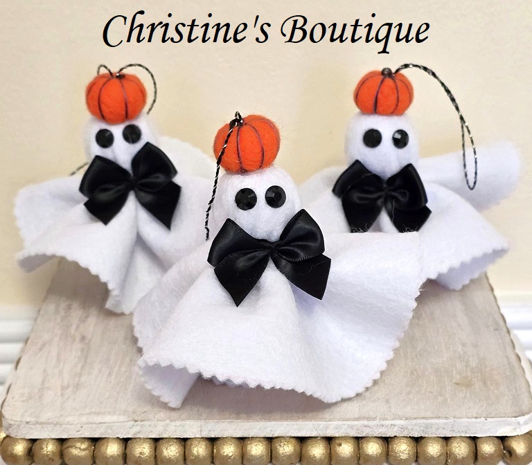 Halloween felt ghost with pumpkin on the head ornament - Click Image to Close
