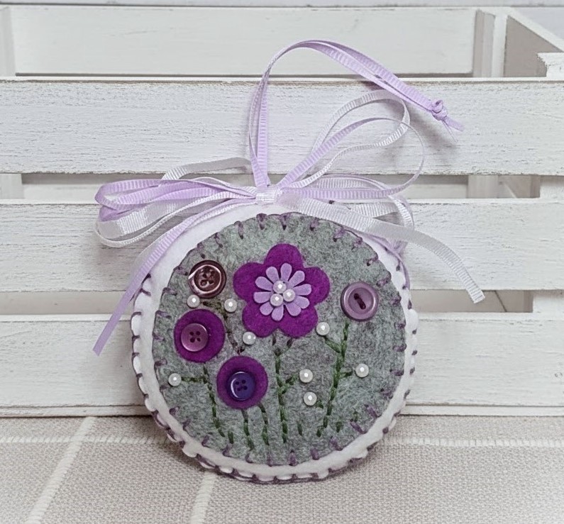 Felt embroidery round ornament with purple flowers, buttons
