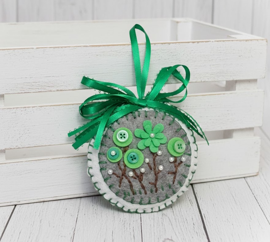 Felt embroidery round ornament with green flowers, buttons
