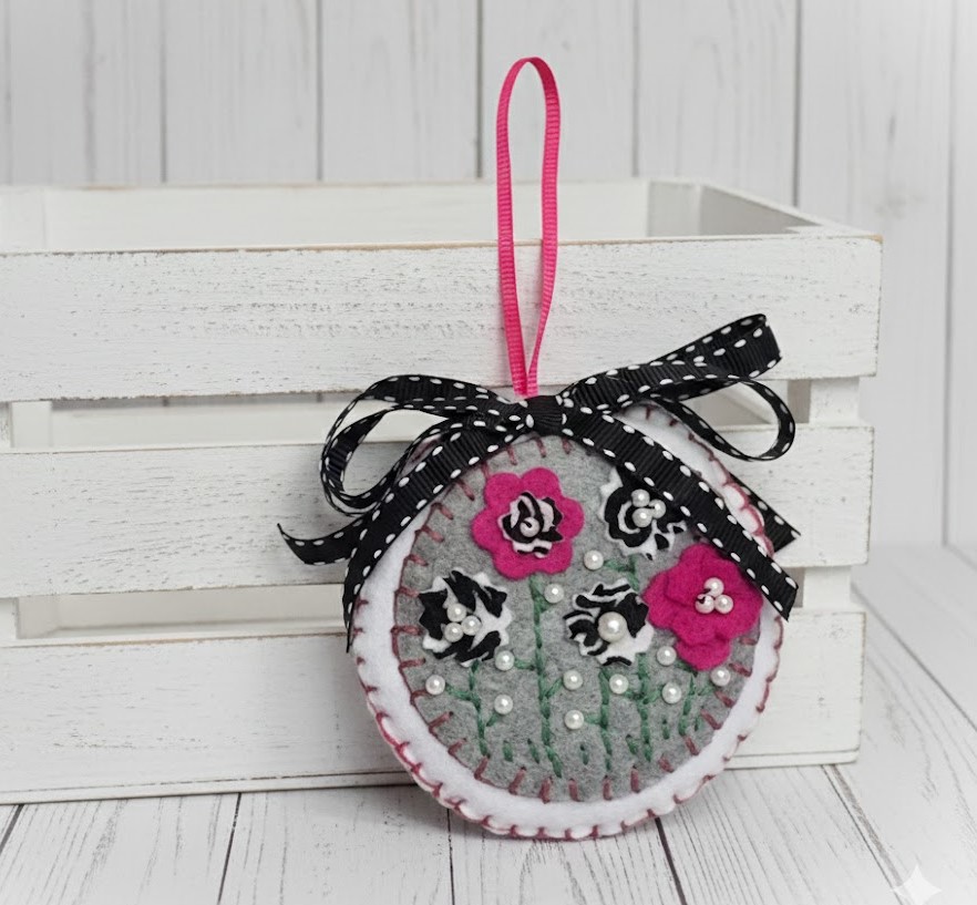 Felt embroidery round ornament pink,black & white flowers