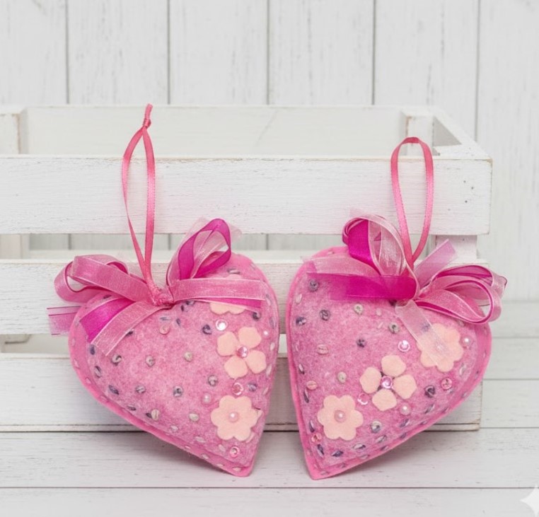 Pink Heart with flowers and embellishments Spring ornament