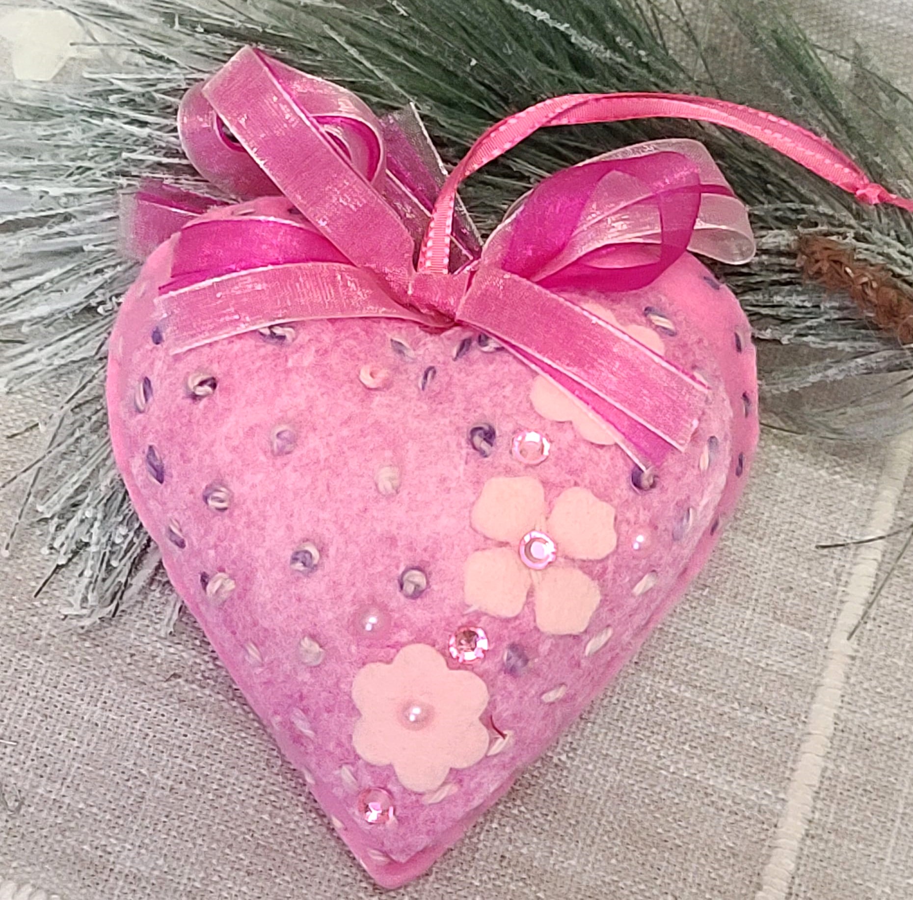 Pink Hearts with flowers and embellishments Spring ornament - Click Image to Close